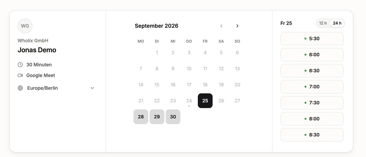 Wholix Meet booking page with a calendar and open time slots